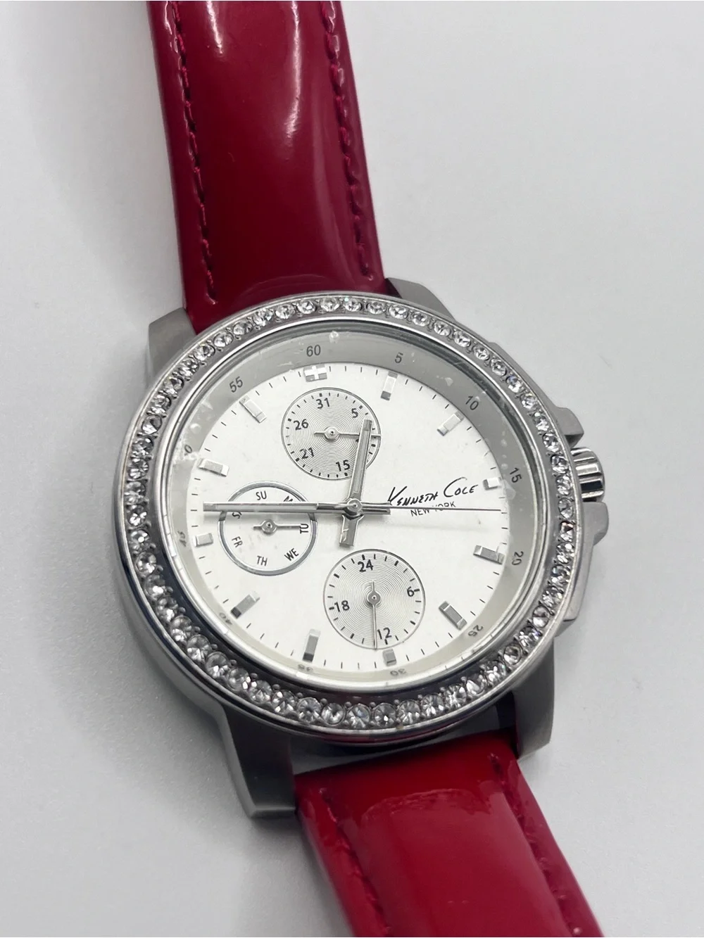 Kenneth Cole Women's Silver Dial Watch with Red Patent Leather Strap